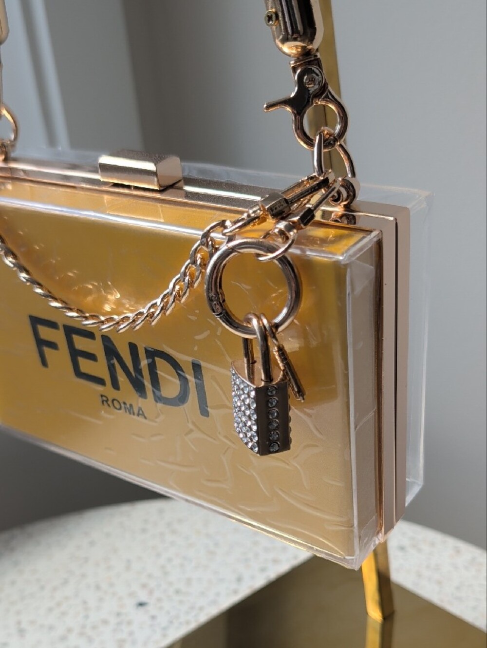 Upcycled Yellow Acrylic Box Bag with Black Braided Handle and Gold Chain - Picture 5 of 7